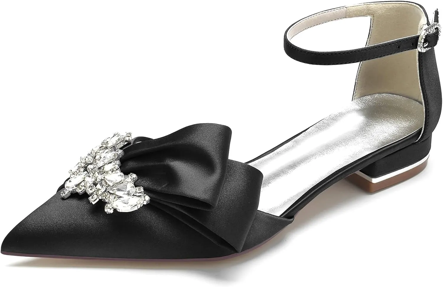 Women's Pointed Toe Crystal Wedding Flats for Bride Comfortable Satin White Wedding Shoes Low Heels Ankle Strap Bridal Flats Evening Prom Party Dress Shoes Pumps