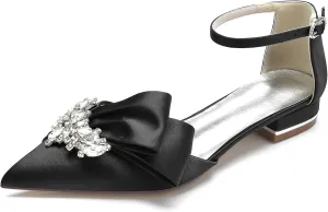 Women's Pointed Toe Crystal Wedding Flats for Bride Comfortable Satin White Wedding Shoes Low Heels Ankle Strap Bridal Flats Evening Prom Party Dress Shoes Pumps
