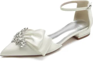 Women's Pointed Toe Crystal Wedding Flats for Bride Comfortable Satin White Wedding Shoes Low Heels Ankle Strap Bridal Flats Evening Prom Party Dress Shoes Pumps