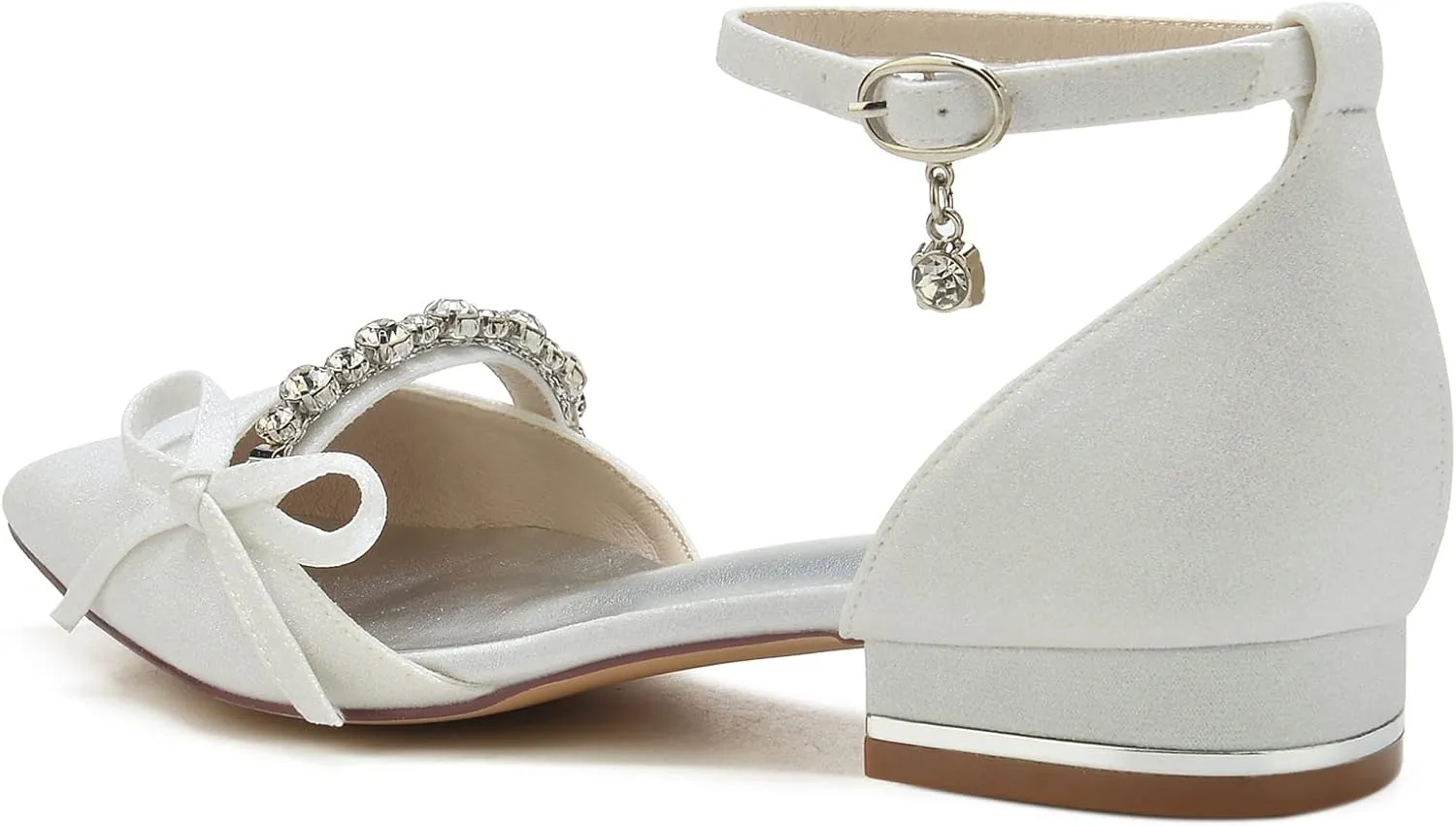 Women's Pointed Toe Glitter Satin Wedding Flats for Bride Comfortable Wedding Shoes Low Heels Rhinestones Bridal Flats Evening Prom Party Dress Shoes Pumps