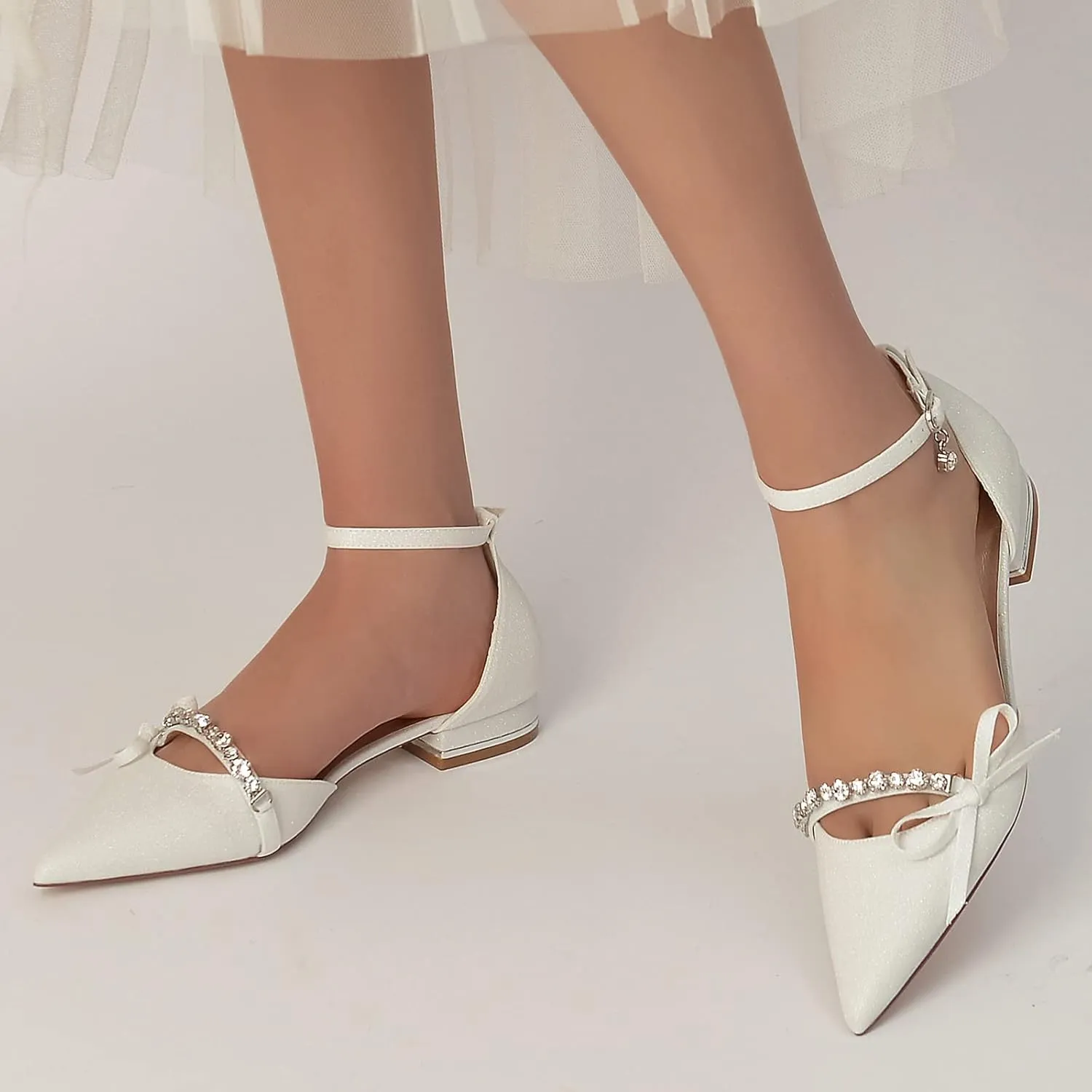 Women's Pointed Toe Glitter Satin Wedding Flats for Bride Comfortable Wedding Shoes Low Heels Rhinestones Bridal Flats Evening Prom Party Dress Shoes Pumps