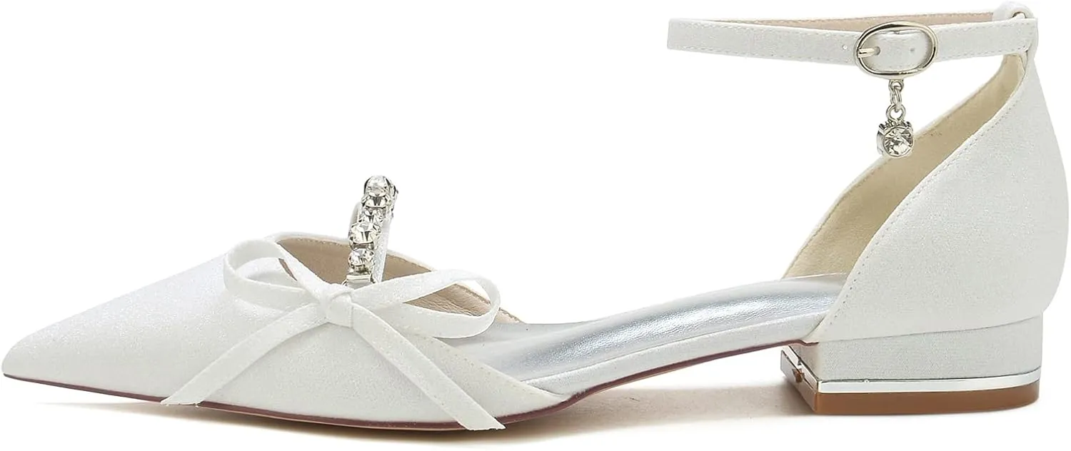 Women's Pointed Toe Glitter Satin Wedding Flats for Bride Comfortable Wedding Shoes Low Heels Rhinestones Bridal Flats Evening Prom Party Dress Shoes Pumps