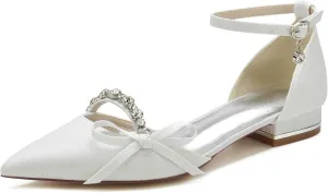 Women's Pointed Toe Glitter Satin Wedding Flats for Bride Comfortable Wedding Shoes Low Heels Rhinestones Bridal Flats Evening Prom Party Dress Shoes Pumps