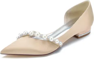 Women's Pointed Toe Pearl Satin Wedding Flats for Bride Comfortable White Bridal Shoes Prom Party Shoes Pumps