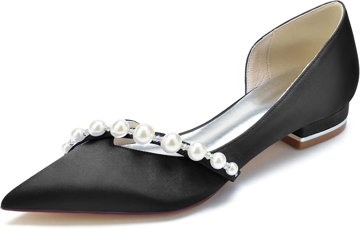 Women's Pointed Toe Pearl Satin Wedding Flats for Bride Comfortable White Bridal Shoes Prom Party Shoes Pumps