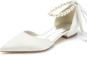 Women's Pointed Toe Pearl Wedding Flats for Bride Comfortable Wedding Shoes Low Heels Rhinestones Bridal Flats Evening Prom Party Dress Shoes Pumps