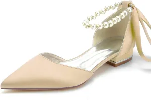 Women's Pointed Toe Pearl Wedding Flats for Bride Comfortable Wedding Shoes Low Heels Rhinestones Bridal Flats Evening Prom Party Dress Shoes Pumps