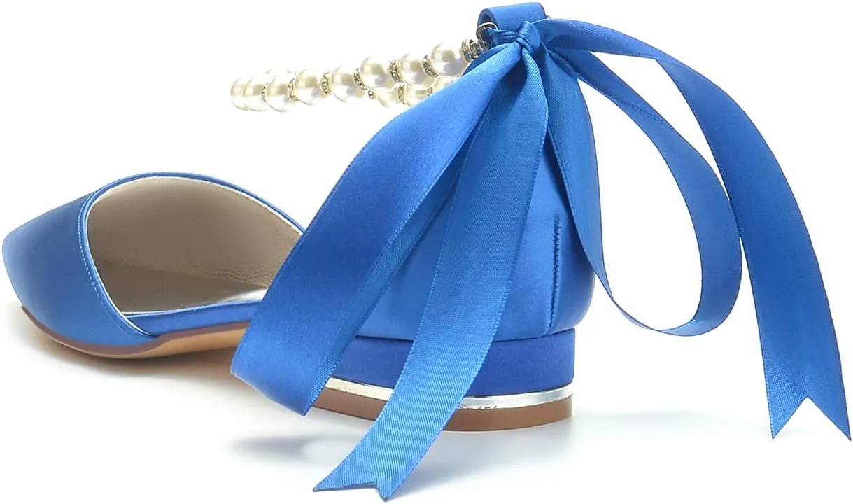 Women's Pointed Toe Pearl Wedding Flats for Bride Comfortable Wedding Shoes Low Heels Rhinestones Bridal Flats Evening Prom Party Dress Shoes Pumps