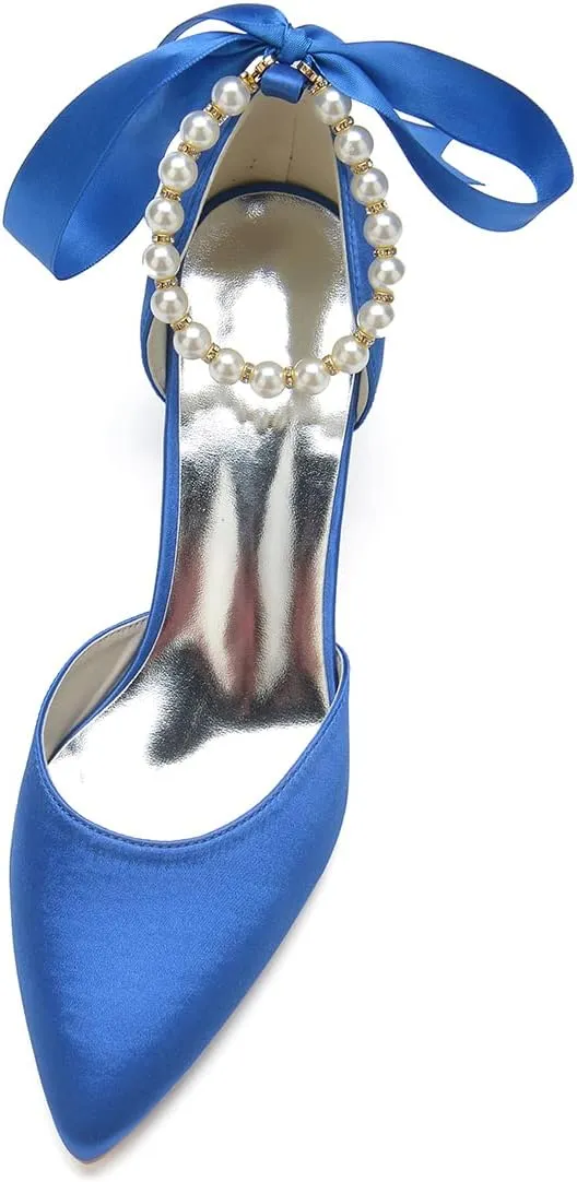 Women's Pointed Toe Pearl Wedding Shoes for Bride Low Heels Satin Heels with Bow Bridal Shoes Chunky Block Heels Comfortable Dance Shoes Pumps