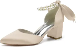 Women's Pointed Toe Pearl Wedding Shoes for Bride Low Heels Satin Heels with Bow Bridal Shoes Chunky Block Heels Comfortable Dance Shoes Pumps