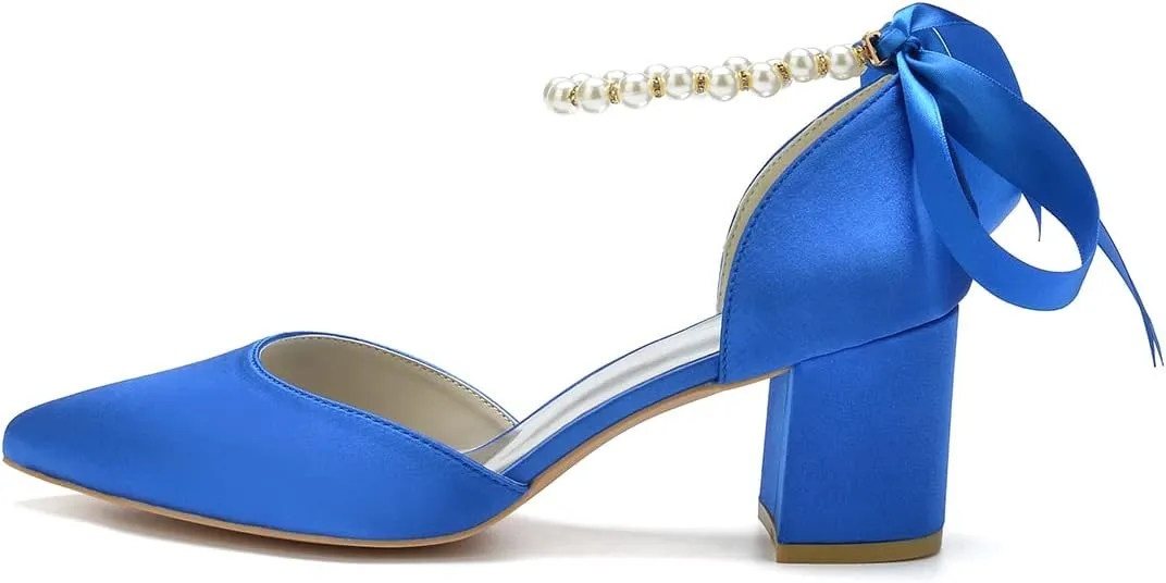 Women's Pointed Toe Pearl Wedding Shoes for Bride Low Heels Satin Heels with Bow Bridal Shoes Chunky Block Heels Comfortable Dance Shoes Pumps