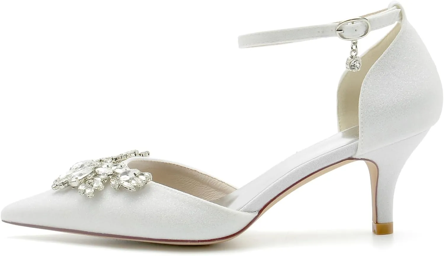 Women's Pointed Toe Pumps Heel Shoes for Bridal Satin with Crystal Party Dress Sandals Ankle Strap Buckle Wedding Shoes