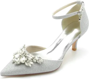 Women's Pointed Toe Pumps Heel Shoes for Bridal Satin with Crystal Party Dress Sandals Ankle Strap Buckle Wedding Shoes