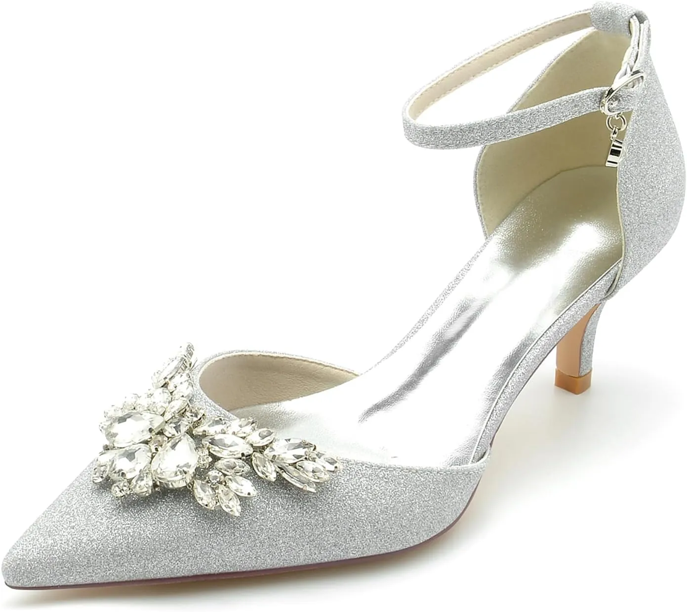 Women's Pointed Toe Pumps Heel Shoes for Bridal Satin with Crystal Party Dress Sandals Ankle Strap Buckle Wedding Shoes