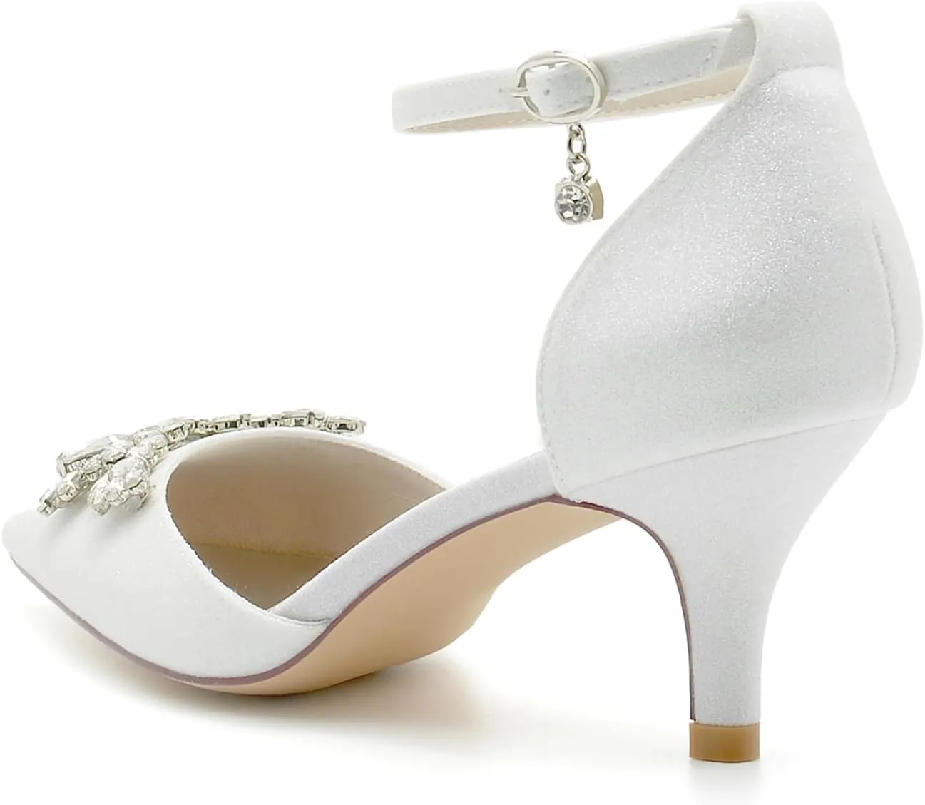 Women's Pointed Toe Pumps Heel Shoes for Bridal Satin with Crystal Party Dress Sandals Ankle Strap Buckle Wedding Shoes