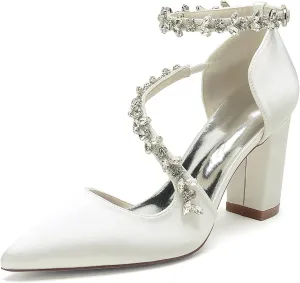Women's Pointed Toe Satin Block Heels Wedding Shoes for Bride High Heels Rhinestones White Heels Ankle Strap Bridal Shoes Evening Party Dress Shoes Pumps 22014-102F