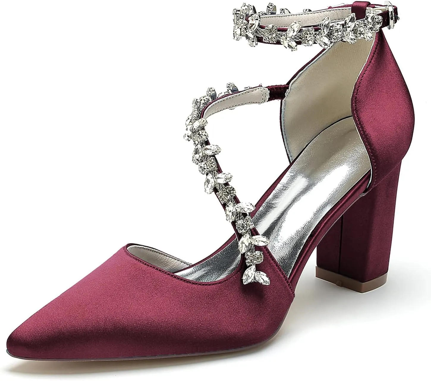 Women's Pointed Toe Satin Block Heels Wedding Shoes for Bride High Heels Rhinestones White Heels Ankle Strap Bridal Shoes Evening Party Dress Shoes Pumps 22014-102F