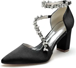 Women's Pointed Toe Satin Block Heels Wedding Shoes for Bride High Heels Rhinestones White Heels Ankle Strap Bridal Shoes Evening Party Dress Shoes Pumps 22014-102F