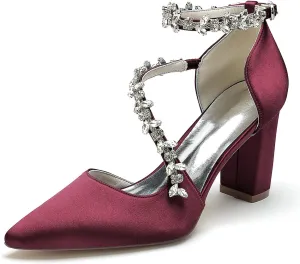 Women's Pointed Toe Satin Block Heels Wedding Shoes for Bride High Heels Rhinestones White Heels Ankle Strap Bridal Shoes Evening Party Dress Shoes Pumps 22014-102F