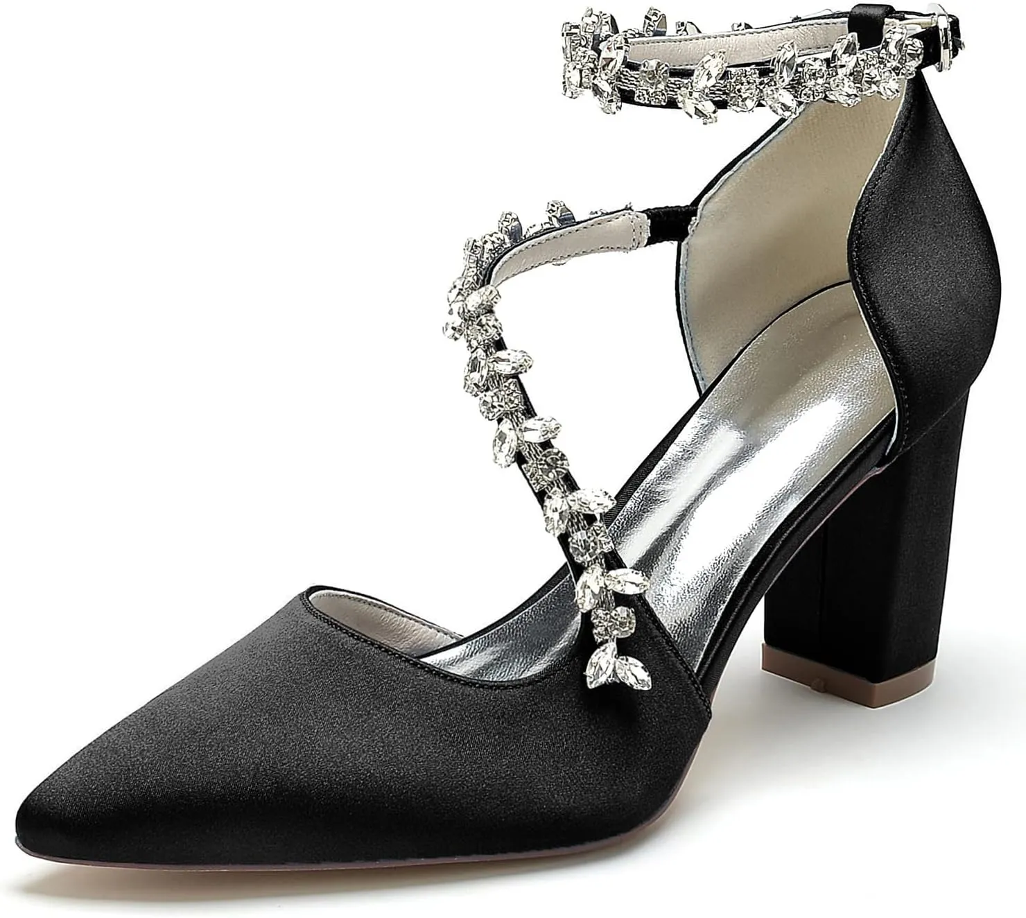 Women's Pointed Toe Satin Block Heels Wedding Shoes for Bride High Heels Rhinestones White Heels Ankle Strap Bridal Shoes Evening Party Dress Shoes Pumps 22014-102F