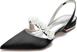 Women's Pointed Toe Satin Pearl Wedding Flats for Bride Comfortable White Bridal Shoes with Ankle Strap Prom Party Shoes Pumps