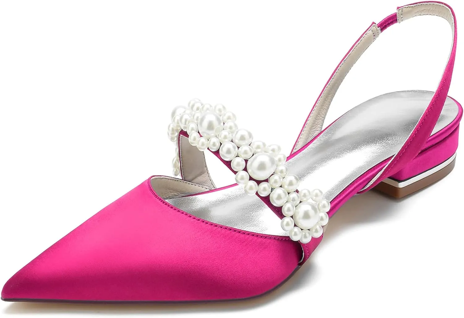 Women's Pointed Toe Satin Pearl Wedding Flats for Bride Comfortable White Bridal Shoes with Ankle Strap Prom Party Shoes Pumps