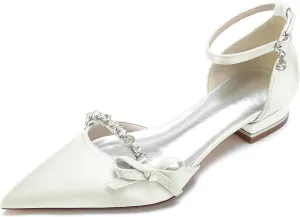 Women's Pointed Toe Satin Wedding Flats Comfortable Wedding Shoes for Bride Low Heels Rhinestones Bridal Flats Evening Prom Party Dress Shoes Pumps