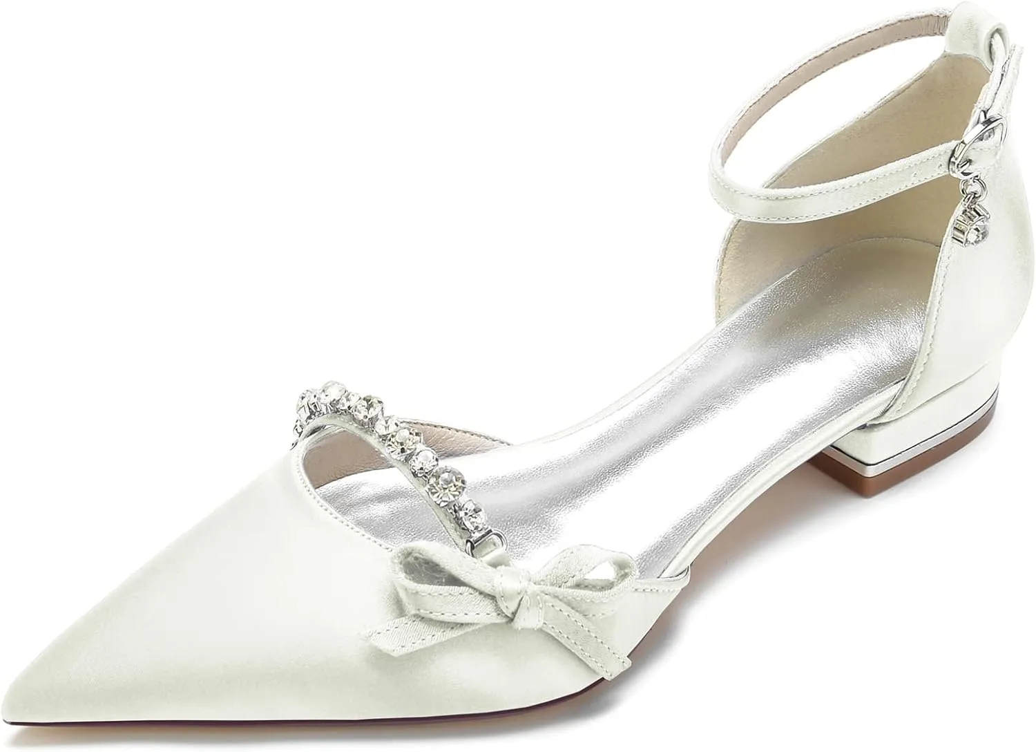 Women's Pointed Toe Satin Wedding Flats Comfortable Wedding Shoes for Bride Low Heels Rhinestones Bridal Flats Evening Prom Party Dress Shoes Pumps
