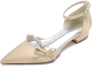 Women's Pointed Toe Satin Wedding Flats Comfortable Wedding Shoes for Bride Low Heels Rhinestones Bridal Flats Evening Prom Party Dress Shoes Pumps