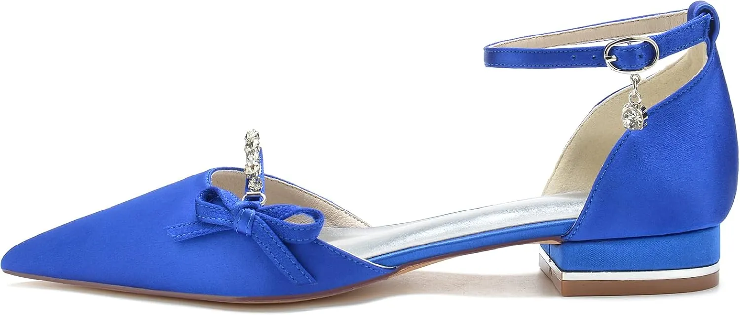 Women's Pointed Toe Satin Wedding Flats Comfortable Wedding Shoes for Bride Low Heels Rhinestones Bridal Flats Evening Prom Party Dress Shoes Pumps