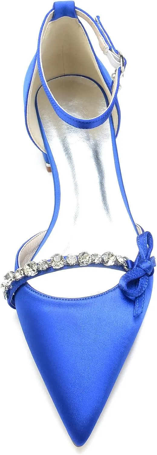Women's Pointed Toe Satin Wedding Flats Comfortable Wedding Shoes for Bride Low Heels Rhinestones Bridal Flats Evening Prom Party Dress Shoes Pumps