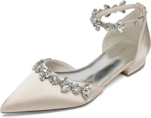 Women's Pointed Toe Satin Wedding Flats for Bride Comfortable Rhinestones Bridal Shoes Evening Prom Party Dress Shoes Pumps 18448-46M