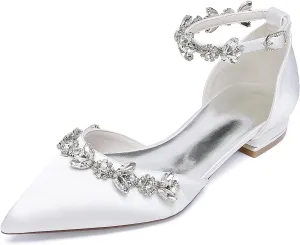 Women's Pointed Toe Satin Wedding Flats for Bride Comfortable Rhinestones Bridal Shoes Evening Prom Party Dress Shoes Pumps 18448-46M