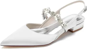 Women's Pointed Toe Satin Wedding Flats for Bride Comfortable Rhinestones Bridal Shoes Evening Prom Party Dress Shoes Pumps White Size 9