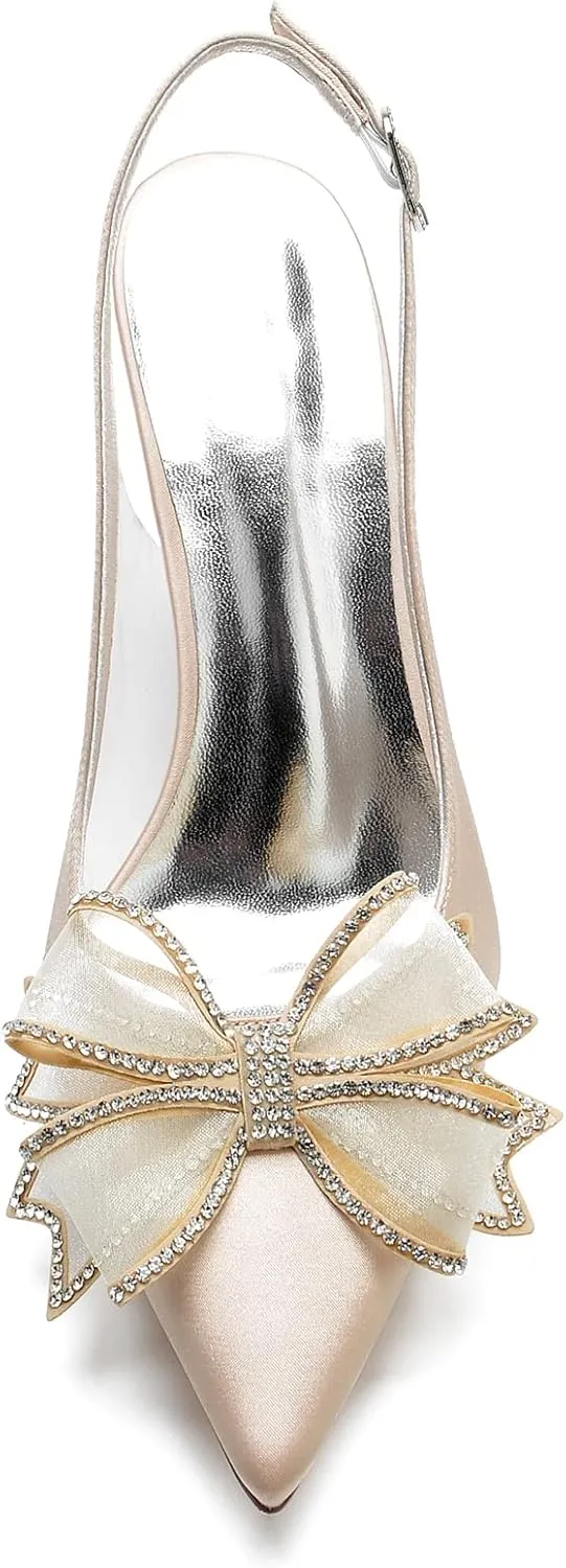 Women's Pointed Toe Wedding Shoes for Bride High Heels Slingback Ankle Strap Bridal Shoes Prom Party Dress Shoes Pumps