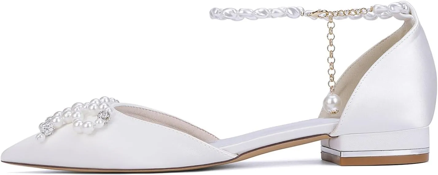 Women's Pointed Toe Wedding Shoes Satin Bride Flats Pearl Evening Prom Party Dress Flats Shoes 2.5Cm