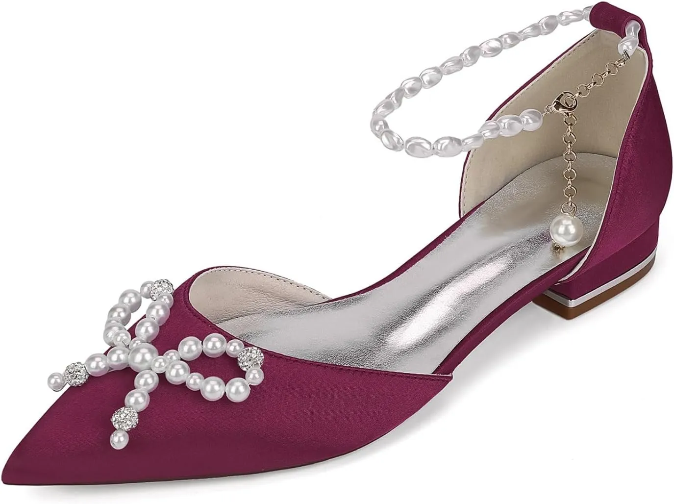 Women's Pointed Toe Wedding Shoes Satin Bride Flats Pearl Evening Prom Party Dress Flats Shoes 2.5Cm