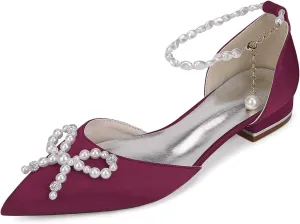 Women's Pointed Toe Wedding Shoes Satin Bride Flats Pearl Evening Prom Party Dress Flats Shoes 2.5Cm