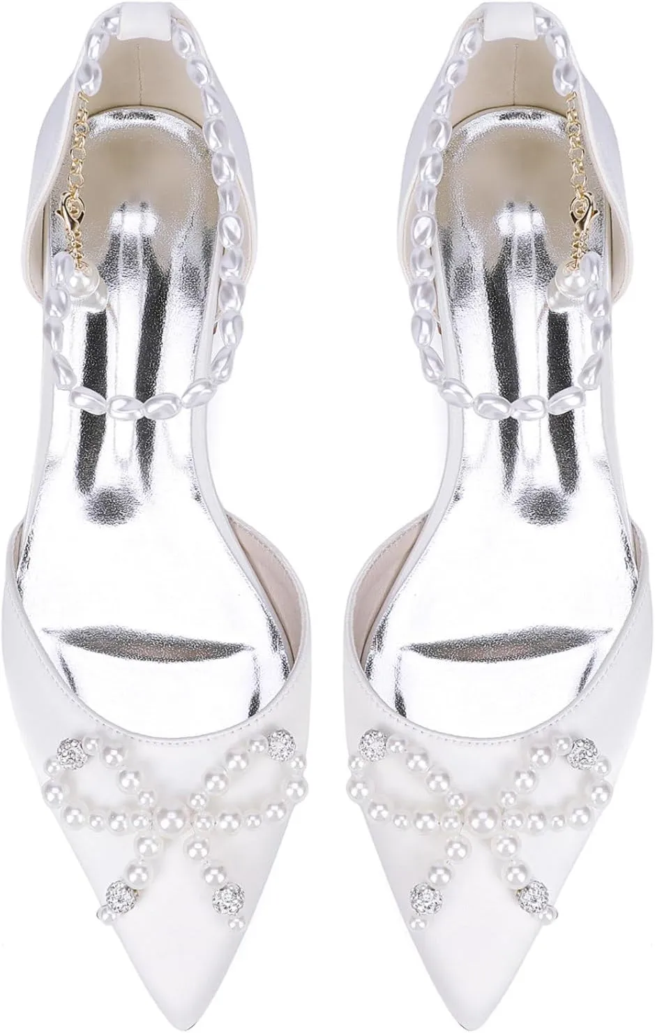 Women's Pointed Toe Wedding Shoes Satin Bride Flats Pearl Evening Prom Party Dress Flats Shoes 2.5Cm