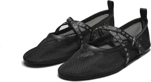 Women's Raffia Ballet Flats Round Toe Studs Strap Mesh Mary Janes Shoes Comfort Casual Flat Shoe for Women