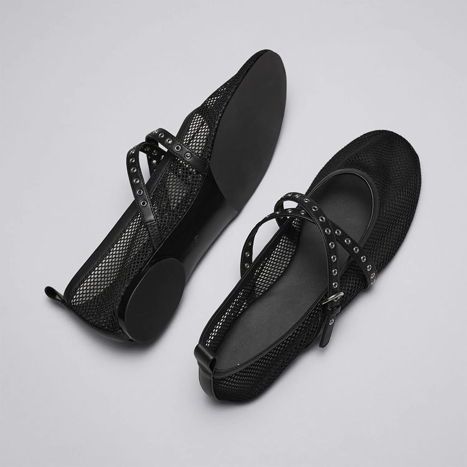 Women's Raffia Ballet Flats Round Toe Studs Strap Mesh Mary Janes Shoes Comfort Casual Flat Shoe for Women