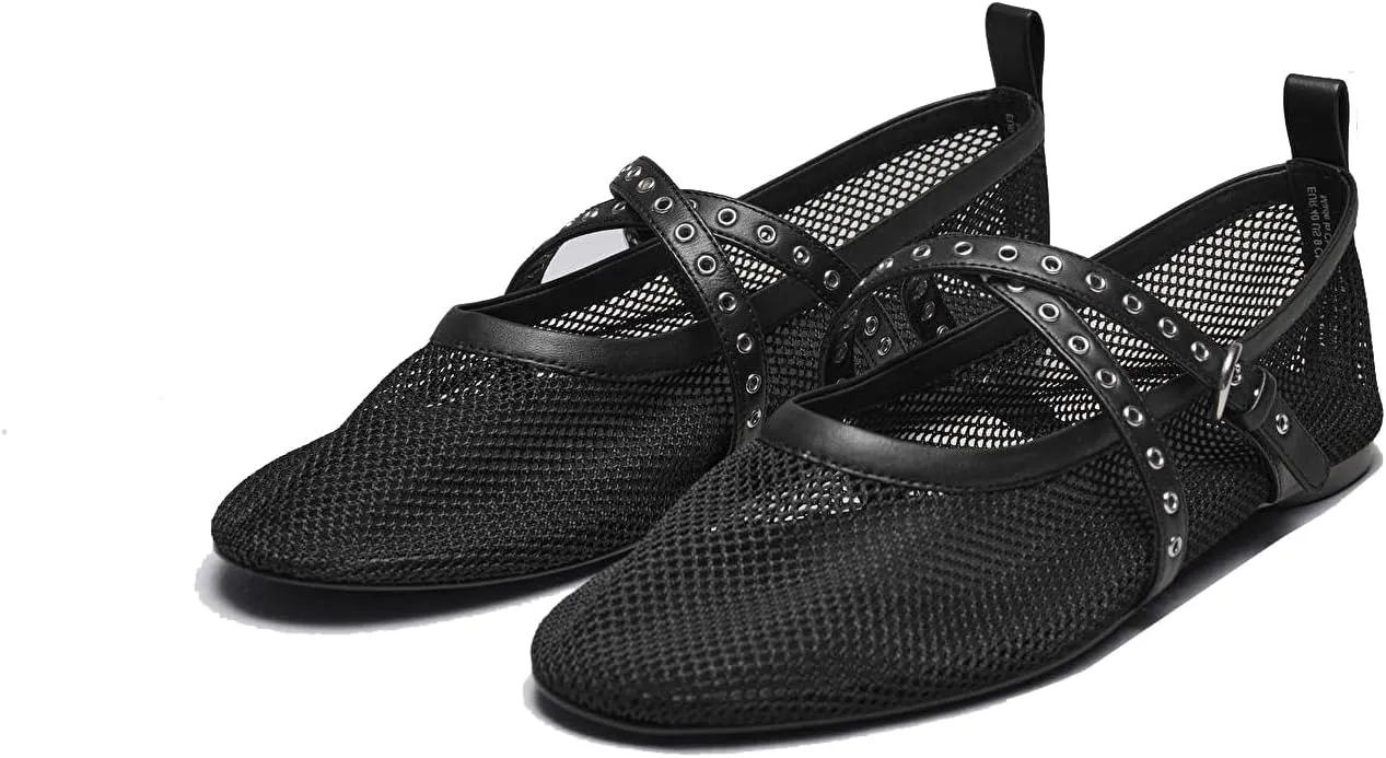 Women's Raffia Ballet Flats Round Toe Studs Strap Mesh Mary Janes Shoes Comfort Casual Flat Shoe for Women