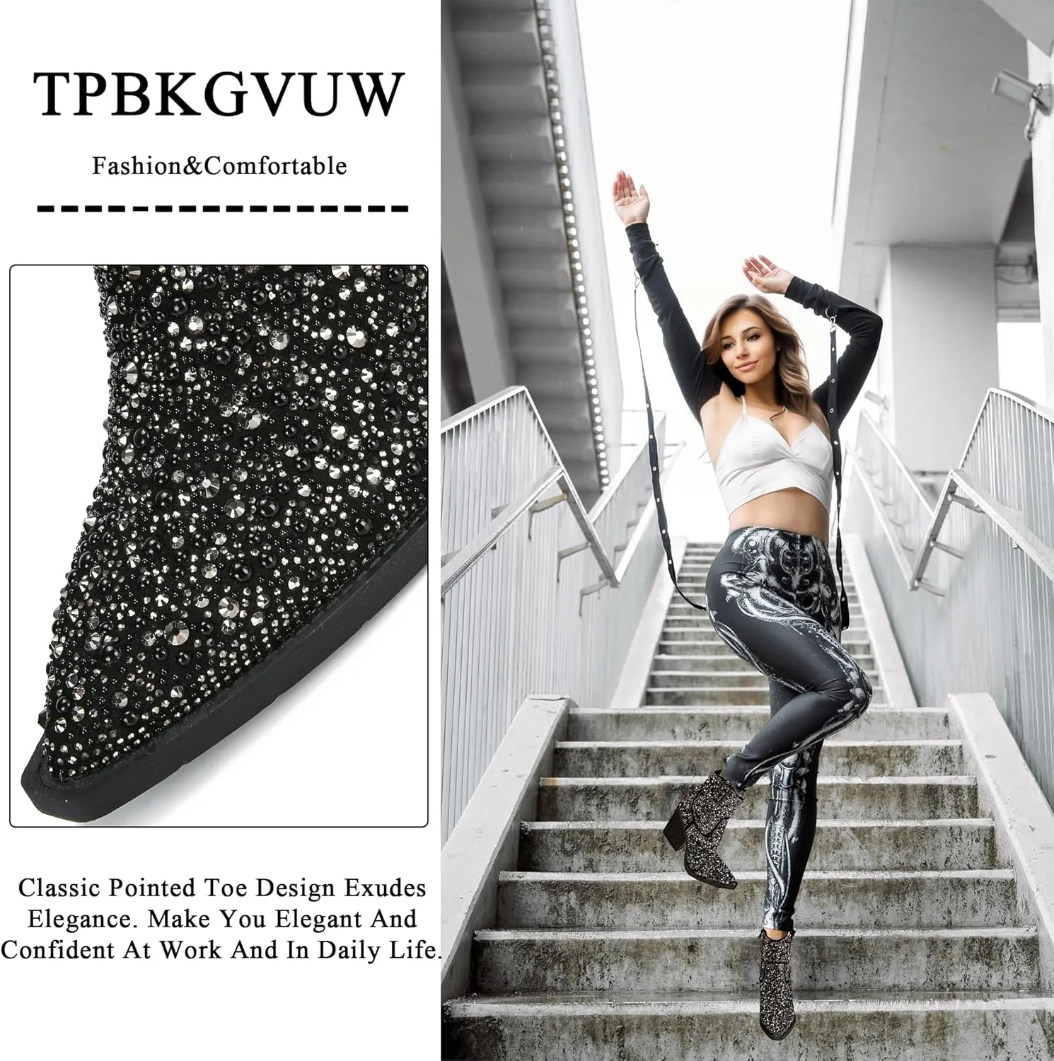 Women's Rhinestone Knee High Boots Western Cowgirl Boots Cowboy Boots Chunky Heel Pointed Toe Sparkly Mid Calf Boots