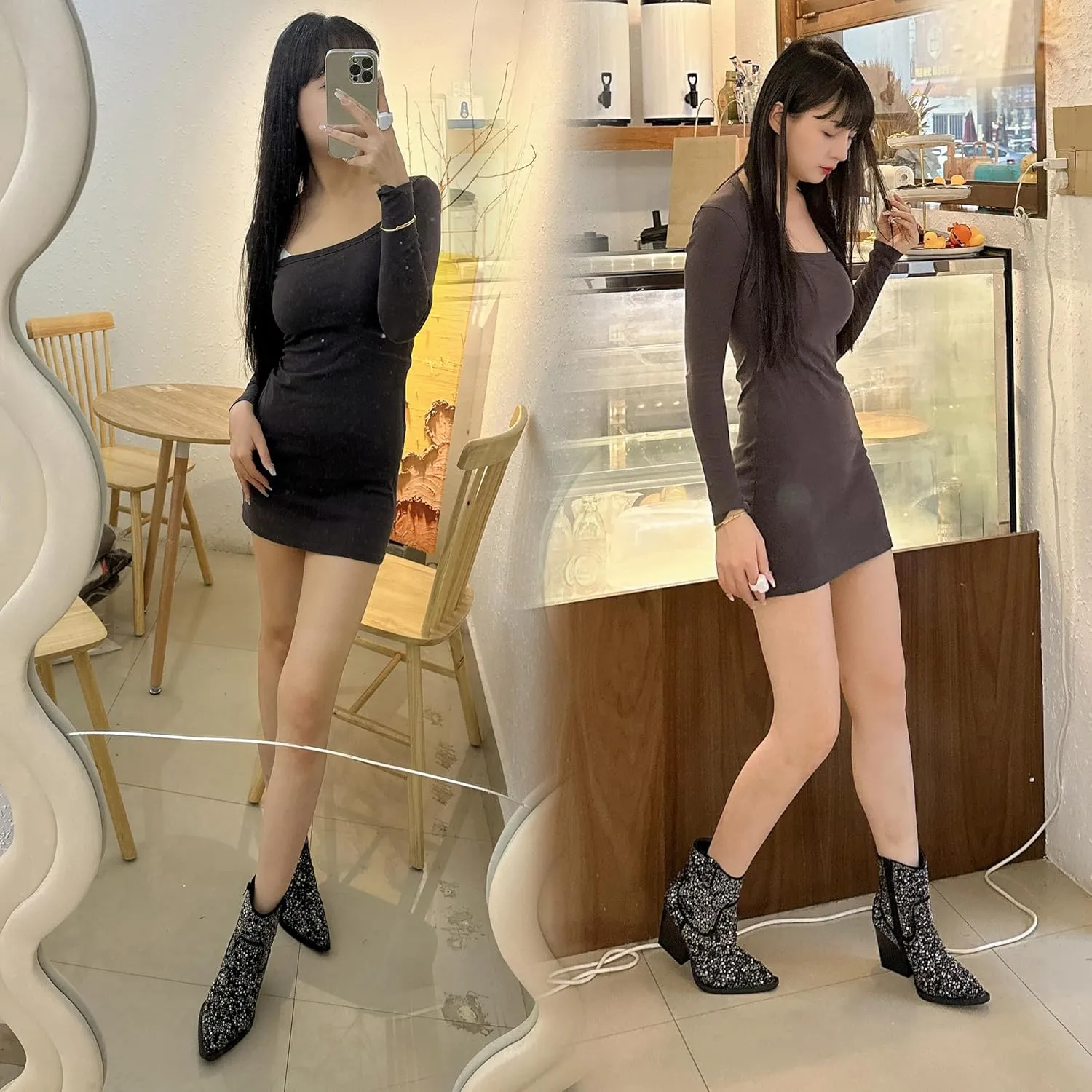 Women's Rhinestone Knee High Boots Western Cowgirl Boots Cowboy Boots Chunky Heel Pointed Toe Sparkly Mid Calf Boots