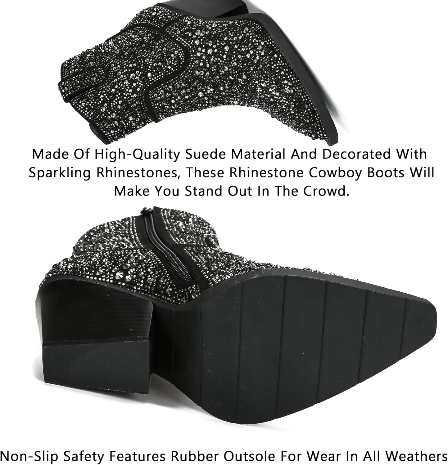 Women's Rhinestone Knee High Boots Western Cowgirl Boots Cowboy Boots Chunky Heel Pointed Toe Sparkly Mid Calf Boots