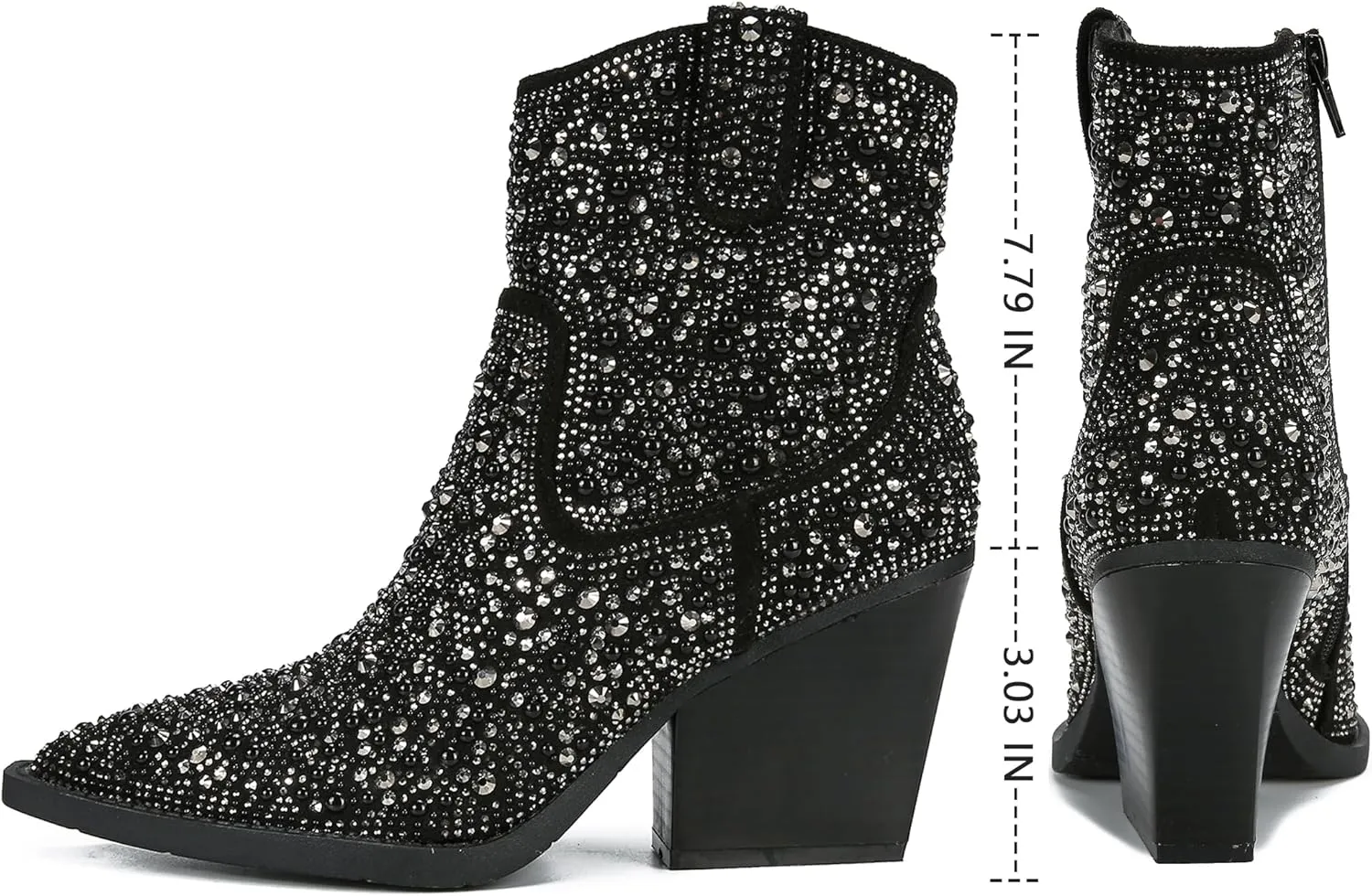 Women's Rhinestone Knee High Boots Western Cowgirl Boots Cowboy Boots Chunky Heel Pointed Toe Sparkly Mid Calf Boots