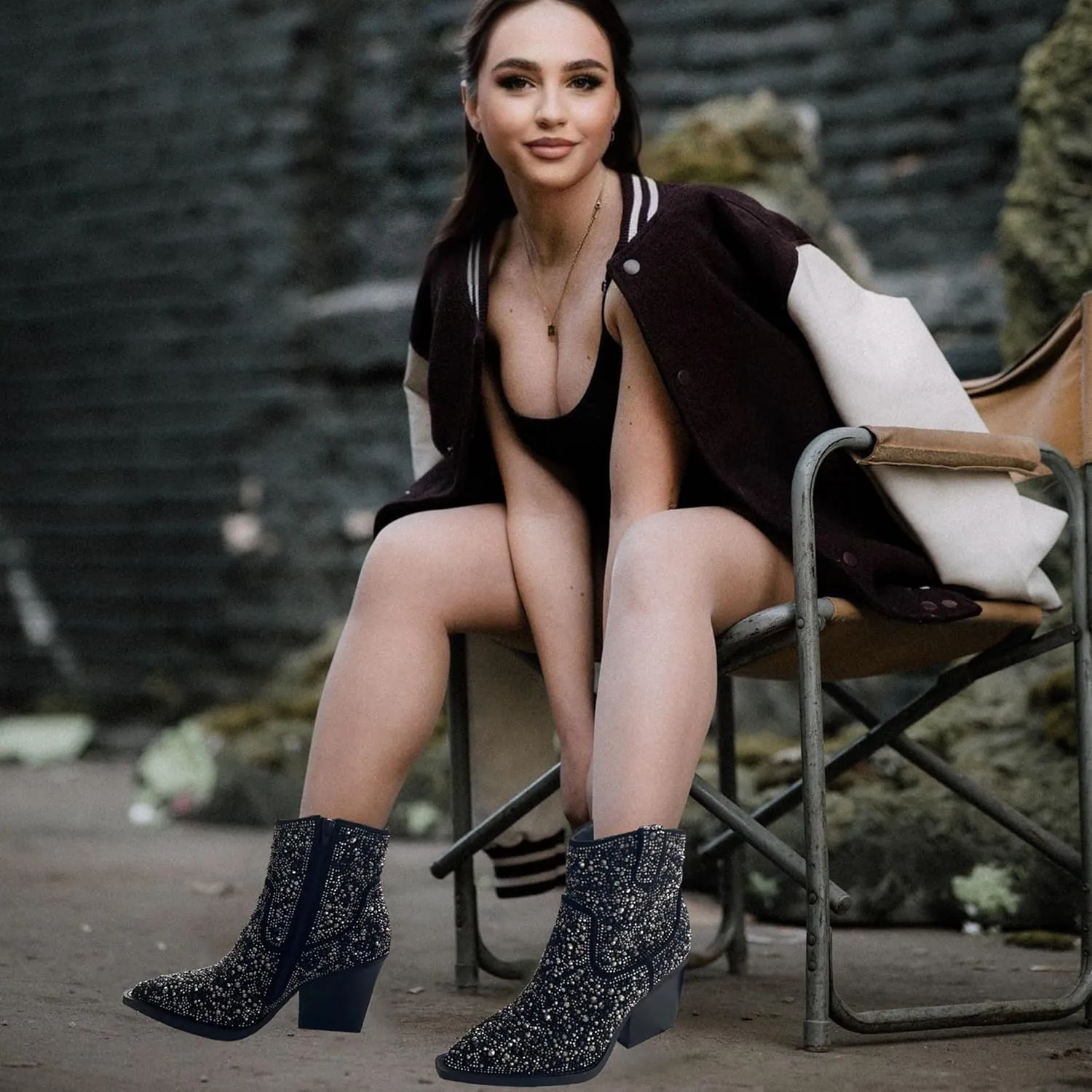 Women's Rhinestone Knee High Boots Western Cowgirl Boots Cowboy Boots Chunky Heel Pointed Toe Sparkly Mid Calf Boots