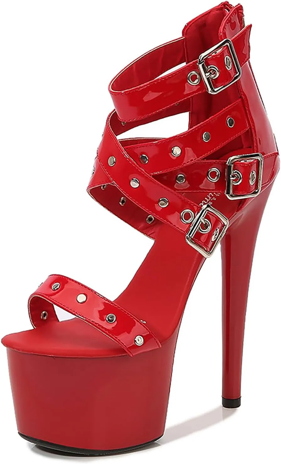 Women's Rivet Platform Chunky High Heel Gothic Sandals Fashion Ankle Strap Buckle Round Open Toe Lug Sole High Block Heel Sexy Punk Y2k Sandals for Party Prom Dress