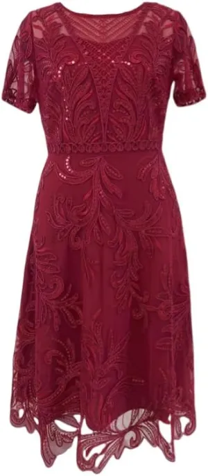 Womens Round Neck Three-Dimensional Embroidered Floral Sequin A-line Dress 8960