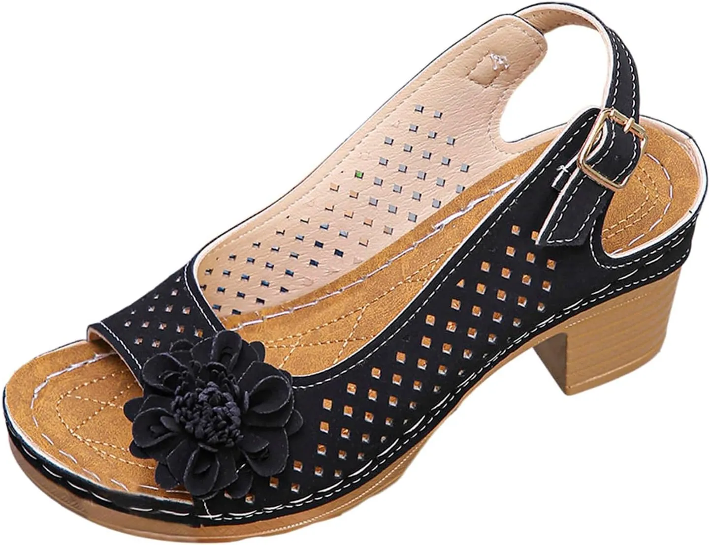 Womens Sandals Hollow Out Flower Decoration Chunky Heel Wedge Sandal Classic Casual Shoes Beach Vacation Walking Shoes Open Toe Sandal with Adjustable Hoop and Loop
